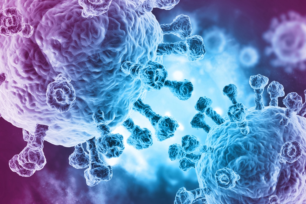 Coronaviruses are depicted amidst a contrasting blue and purple background.