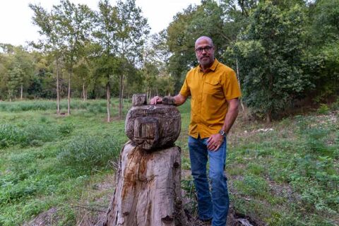 a man standing near a tree stump